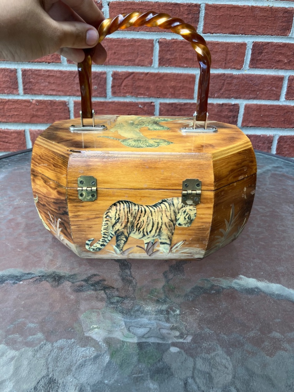 Vtg Anton Pieck Octagon Purse w Lucite Handle MCM Wooden Decoupage Handbag Tiger - Picture 7 of 11